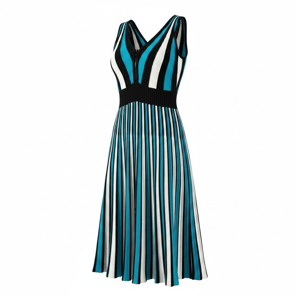Belldini Los Angeles Striped Knit Midi Dress XL Teal White Black Sleeveless Zip
